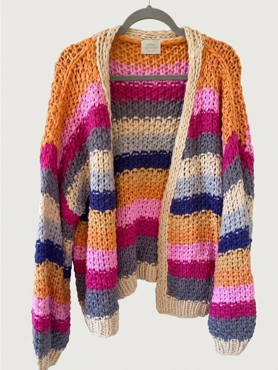 Pink Lily Sweaters - Pink Lily Multicolor Chunky Striped Open Knit Cardigan cottagecore size large